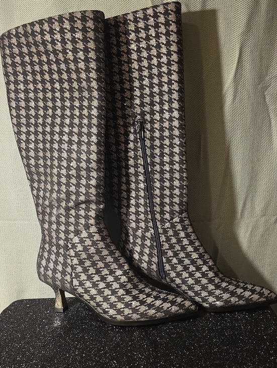 Betsey Johnson Shoes - Pointed Toe Knee-High Houndstooth Boots in Black and Cream